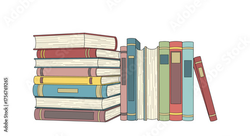 A stack of books rests on a shelf next to a row of more books.