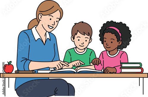 Female Teacher Helping Diverse Children Read Book Vector | Private Tutoring and Early Education Illustration