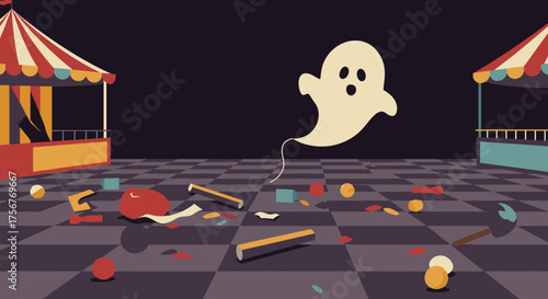 A whimsical yet spooky cartoon ghost floats above a desolate carnival scene, with scattered debris littering the checkered ground after a mysterious event.