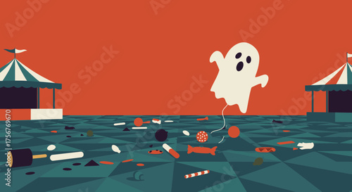 A playful cartoon ghost hovers above a checkered ground, surrounded by scattered Halloween candy and festive carnival tents under a vibrant orange sky.
