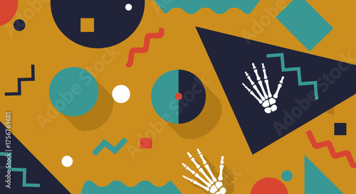 This vibrant abstract background features a playful arrangement of colorful geometric shapes and stylized skeletal hands, creating a unique and modern design.