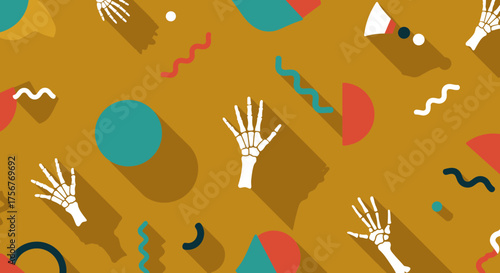A dynamic and contemporary seamless pattern showcases stylized skeleton hands interspersed with colorful geometric shapes, casting long shadows on a rich, mustard-toned background.
