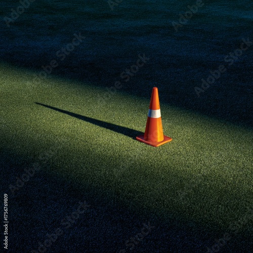 Bright Orange Traffic Cone Casting Shadow on Green Grass Surface