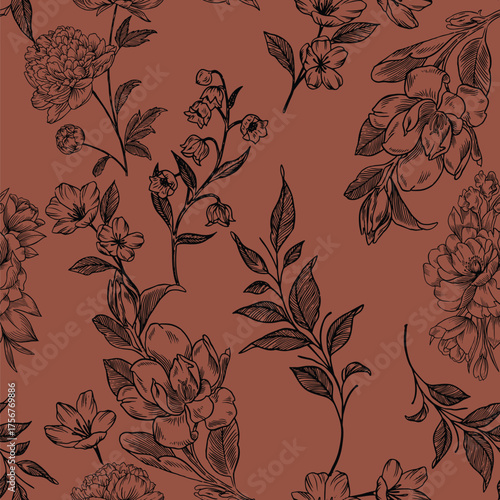 Elegant seamless floral line art pattern with hand-drawn flowers and leaves in black over a warm terracotta brown base. Ideal for textile prints, wallpaper, packaging, and modern boho surface designs.