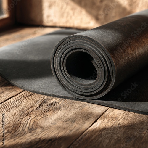 Rolled Black Paper on Wooden Surface in Sunlight with Texture Detail