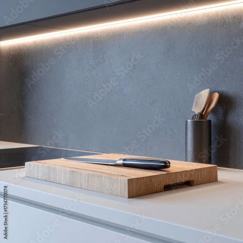 Modern Kitchen Setup with Cutting Board and Kitchen Utensils