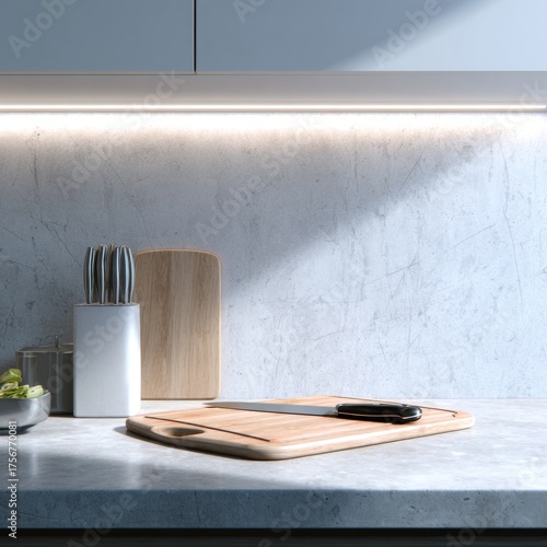 Modern Kitchen Counter with Cutting Board and Cooking Utensils
