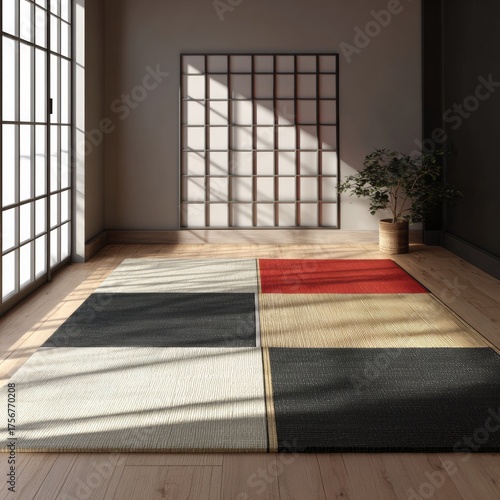 Modern Interior Design with Colorful Area Rug and Soft Natural Light