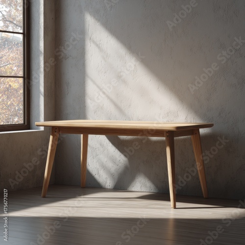 Minimalist interior design with wooden table and sunlight shadows