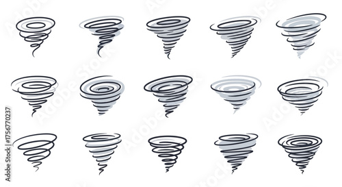 Array of 15 tornado sketches each distinct in shape and line style against a stark white background