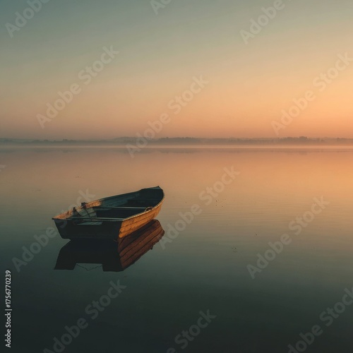 Tranquil Sunrise Over Calm Waters with a Lonely Boat in View