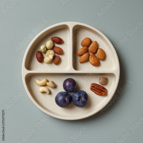 Healthy Snack Variety on Plate with Nuts and Blueberries Arrangement