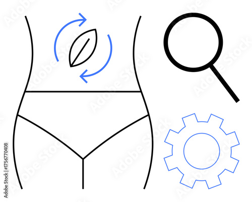 Abstract outline of a human torso, leaf with circular arrows, magnifying glass, and gear symbolizing healthy digestion, research, wellness, balance, metabolism optimization. Ideal for health