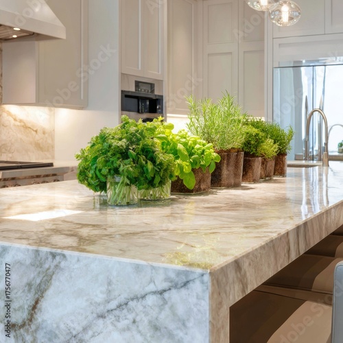 Fresh Green Herbs on Marble Countertop in Modern Kitchen Interior