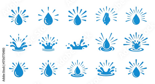 Blue water drop icons  splashes in a 3x5 grid on white