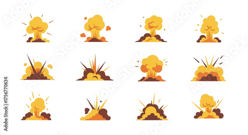 Cartoon explosion set 12 stylized blasts with varying shapes and fiery particle bursts