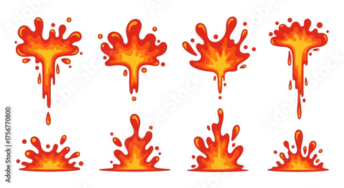 Cartoon fire splash collection vibrant orange  yellow hues eight unique stylized explosions