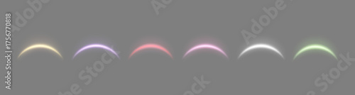 Realistic arches different colors, sunlight lens flare, energy flare arch. Abstract light effect on a grey background. Vector illustration.