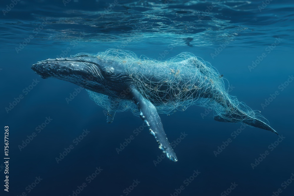 Naklejka premium Humpback whale entangled in fishing net struggles for survival in deep ocean waters demonstrating the impact of marine pollution on wildlife