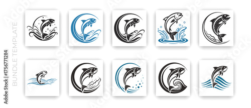 Jumping Fish Vector Set – Salmon or Trout with Wave Illustrations