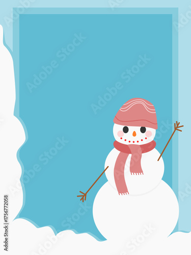 Playful winter illustration of snowman waving against a bright blue background framed by snow. Clean flat style with soft pastel tones. Perfect for holiday greeting cards, posters and winter projects