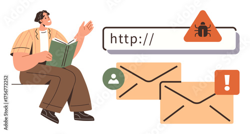 Person reading book alongside malware alert on URL bar, envelopes with notifications, and login user icon. Ideal for online safety, spam detection, phishing awareness, cybersecurity risks, data