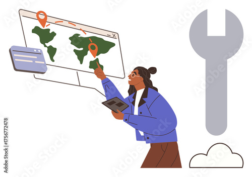 Individual interacts with global map and digital devices emphasizing routes, locations, and data tools. Ideal for navigation, global reach, technology, data analysis, remote work, geolocation