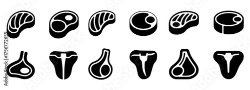 Collection of Black and White Meat Cut Icons on White Background