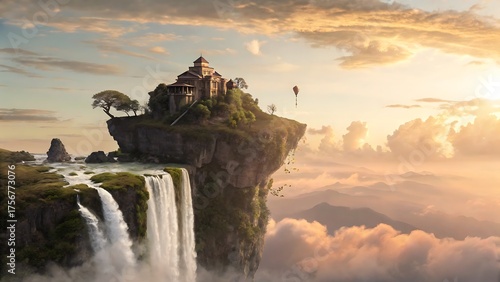 A floating island with an ancient temple, cascading waterfalls, and a hot air balloon against a dramatic sunset sky, a surreal fantasy landscape