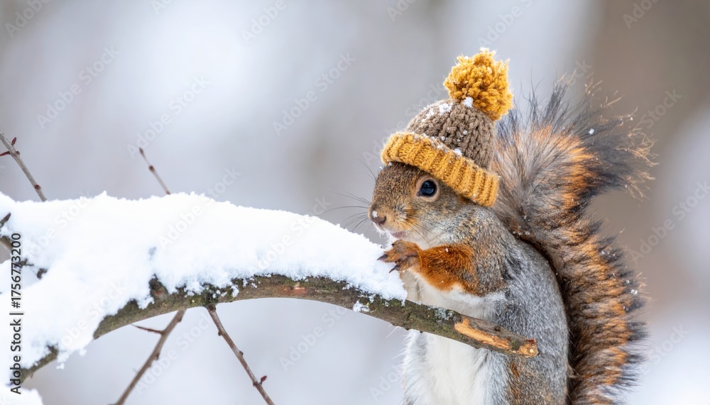 Fototapeta premium Reddish brown squirrel in the snow, wild rodent on a branch in a winter forest