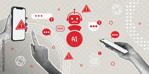 Misinformation and security risks using AI. A trendy grayscale collage. Conceptualizing the risks of communicating with a chatbot, data vulnerability, and system error.