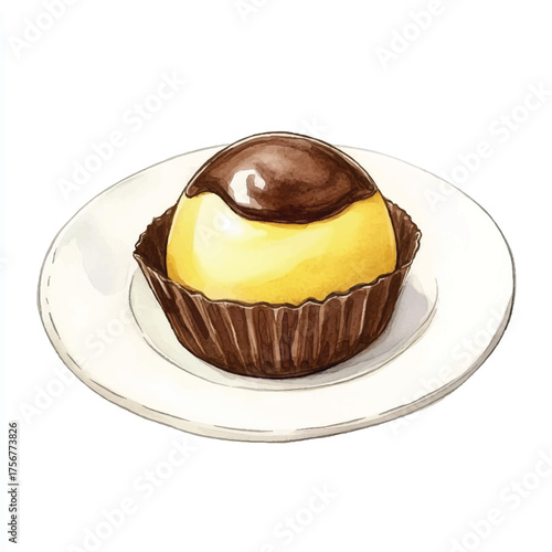 Delicious Cream Puff with Chocolate Glaze on a White Plate.