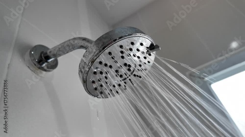 Slow motion footage of Warm water flowing from the shower head in the bathroom