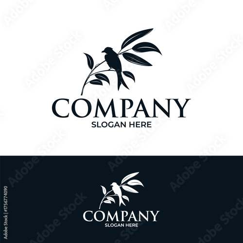 Bird on tree branch logo design template