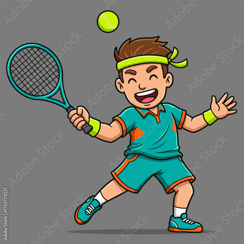 A joyful cartoon tennis player in a teal and orange uniform is hitting a tennis ball overhead against a dark grey background.
