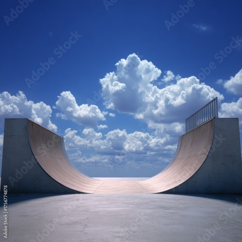 Empty Skatepark Ramp Under Bright Blue Sky with Clouds
