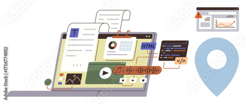 Laptop displaying documents, HTML code, charts, video player, and analytics dashboard. Ideal for web development, content management, programming, media creation data analysis UX design simple