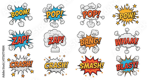 Comic book style exclamations BOOM POP ZAP CRASH etc each in a unique colorful explosion graphic