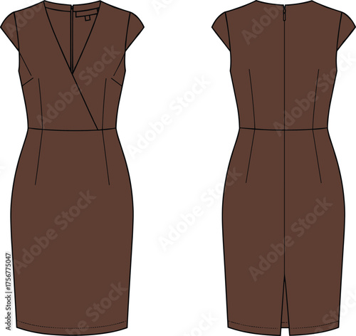 Brown sleeveless dress, fashion illustration, technical sketch, V-neckline, wrap bodice, fitted silhouette, zipper back, vent hem, garment design