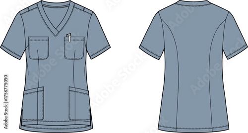 Blue scrub top, medical uniform, nurse apparel, healthcare clothing, short sleeve design, front back view, vector illustration, clinical wear
