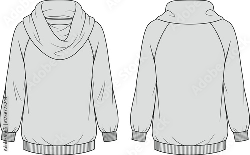 Cowl neck pullover technical drawing, front and back view, long sleeves, ribbed cuffs, vector sketch, fashion design, garment template
