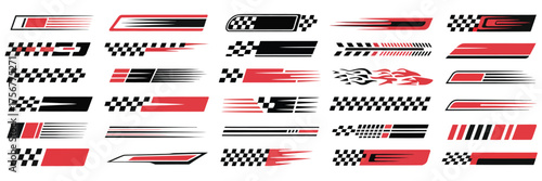 Racing Cars and Stripes Vector Set,  Checkered flag, motocross labels, dynamic lines, speed decals, motorsport stickers, and racing stripe graphics for sport car design and customization.