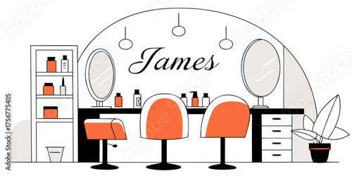 Modern Hair Salon Interior Vector Illustration: Minimalist Design of Barber Shop with Stylish Furniture and Decor Featuring Chairs Mirrors and Grooming Stations