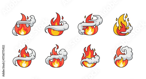 Eight cartoon flames with smoke arranged in two rows