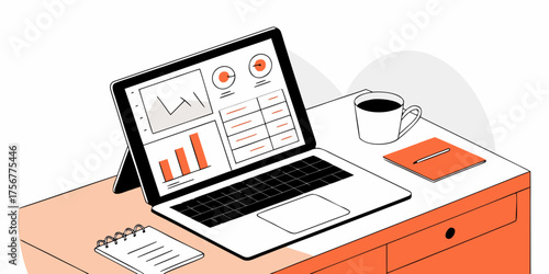 Laptop with Data Dashboard on Desk with Coffee Notebook and Stationery Illustration for Business Analytics Financial Report Tracking