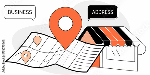 Business Address Location with Map Pinpoint over Storefront and Speech Bubbles in Business Illustration Concept Marketing Guide