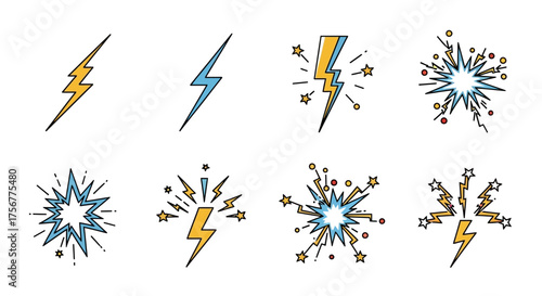 Eight different comic style lightning bolts are displayed in a grid pattern