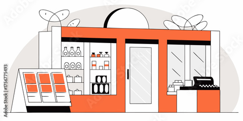 Trendy Minimalist Shop Facade Illustration Boutique Front Store Exterior Design with Modern Architectural Style and Clean Lines Orange Accent Retail Business Storefront Drawing