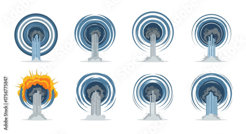 Eight stylized eruptions feature water smoke  explosion visuals