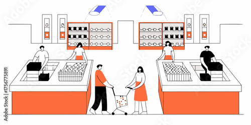 Busy Grocery Store Illustration with Customers Shopping at Checkout Counters and Shelves of Produce: Modern Vector Design